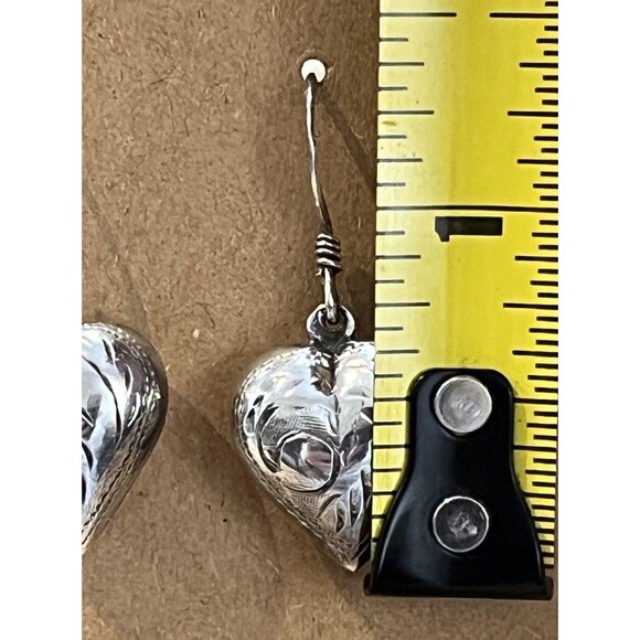 VTG 80s Sterling Silver Etched Puffed Heart Love Dangle Hook Earrings Boho - Picture 8 of 9